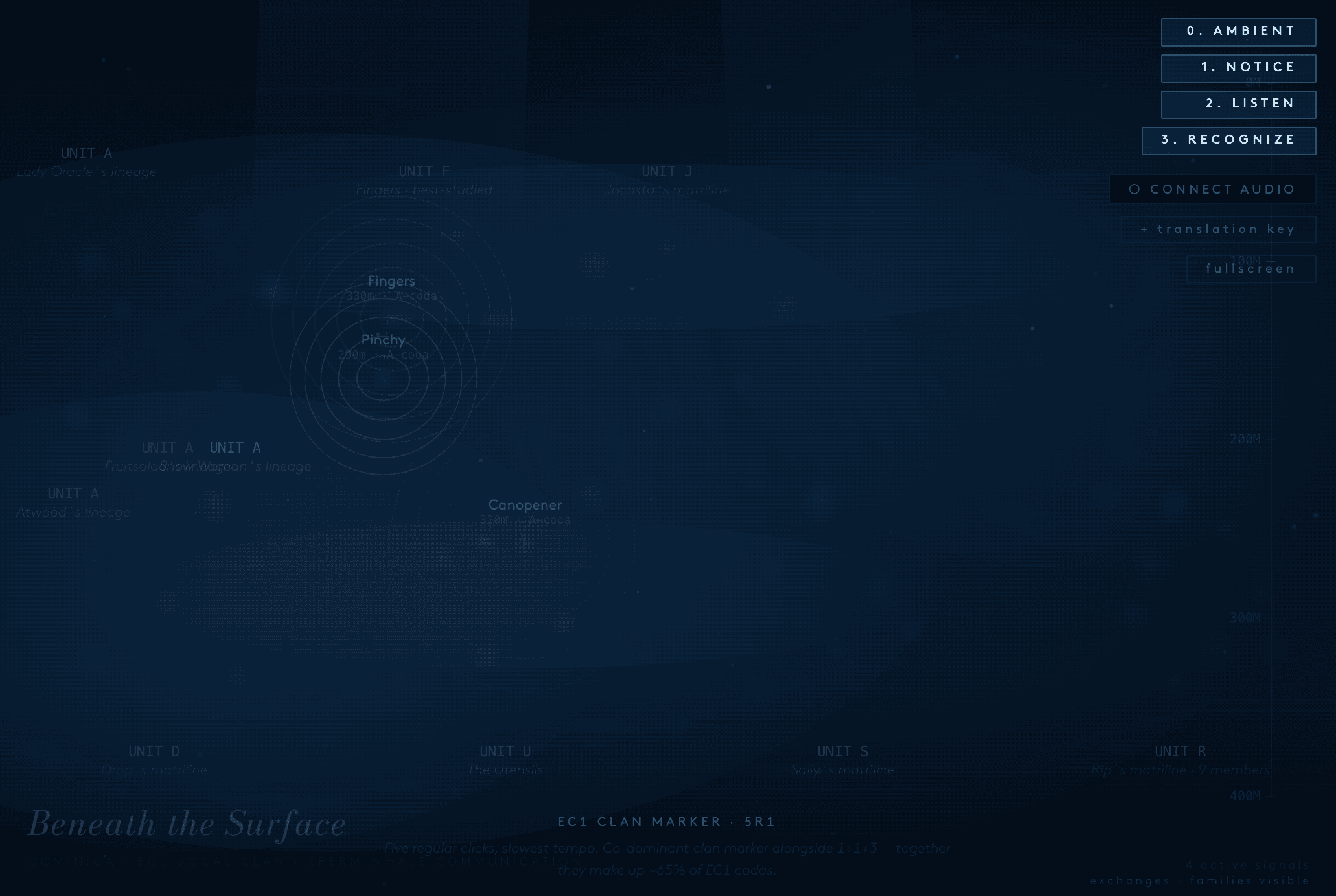Beneath the Surface — interactive visualization of sperm whale communication, mapping family units across ocean depths in Dominica's EC1 vocal clan