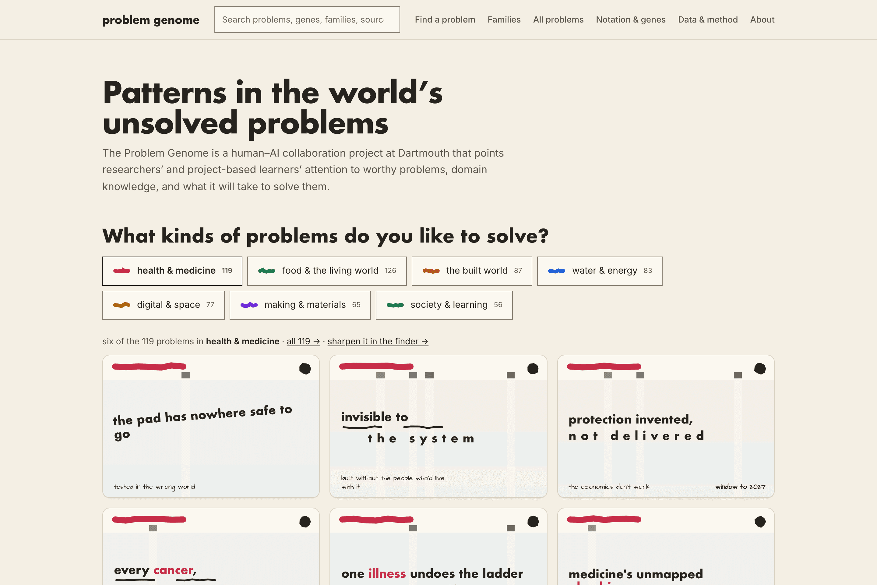 problemgenome.com homepage — 'Patterns in the world's unsolved problems' above seven painted field chips, answering a tap with six drawn problem cards