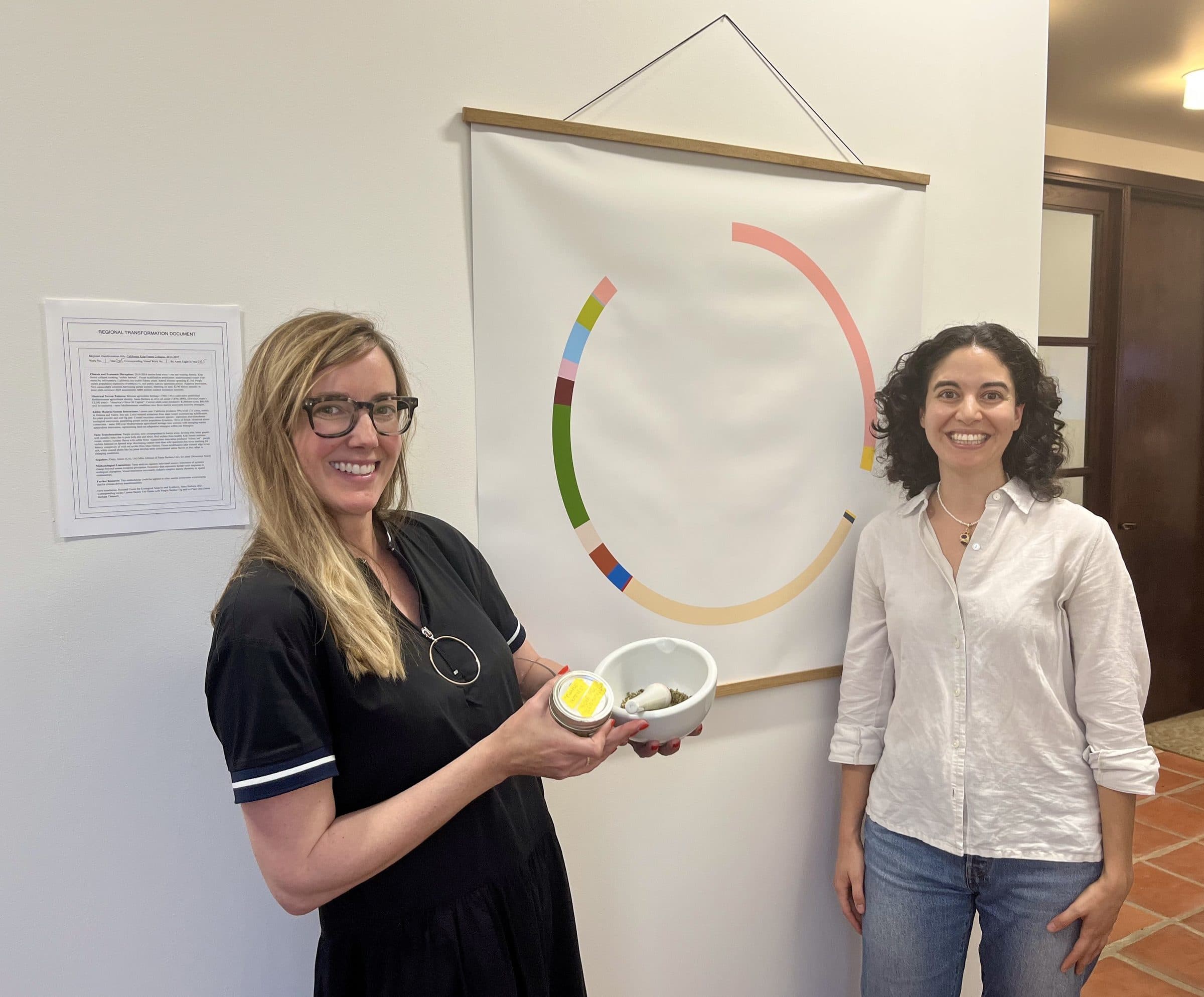 Researcher Carmen and Beth with ice plant materials at the installation